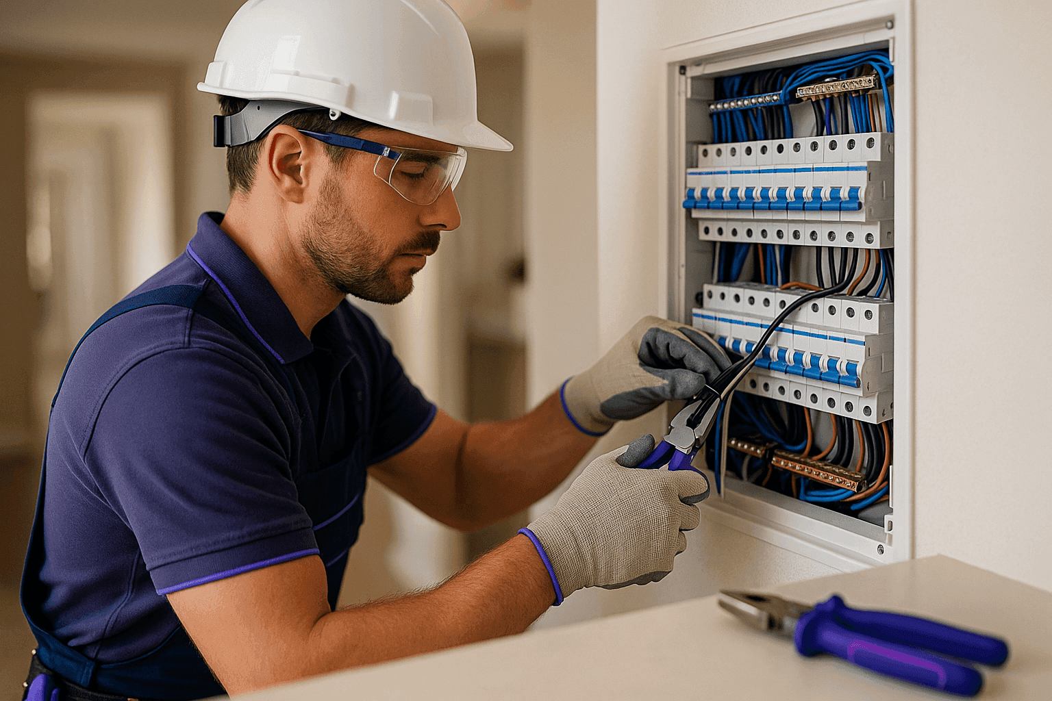 Residential electrician in PPE working on wiring inside a clean electrical panel