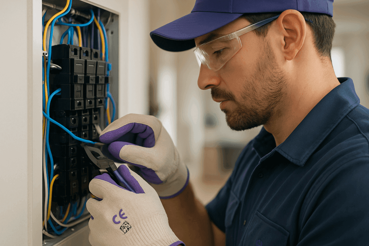 Close-up of electrician’s gloved hands wiring a residential electrical panel