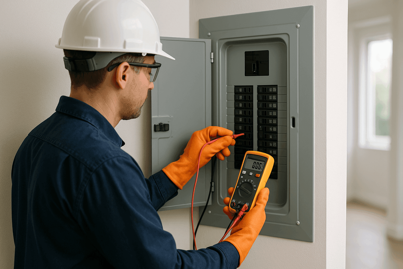Electrician performing safety inspection on residential electrical panel