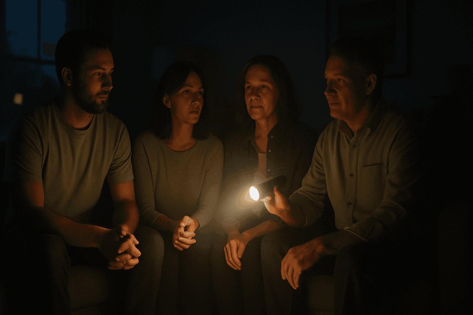 Family safely using flashlight during home power outage