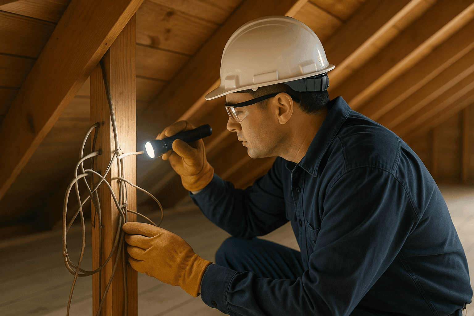 Technician inspecting outdated wiring in a home's attic