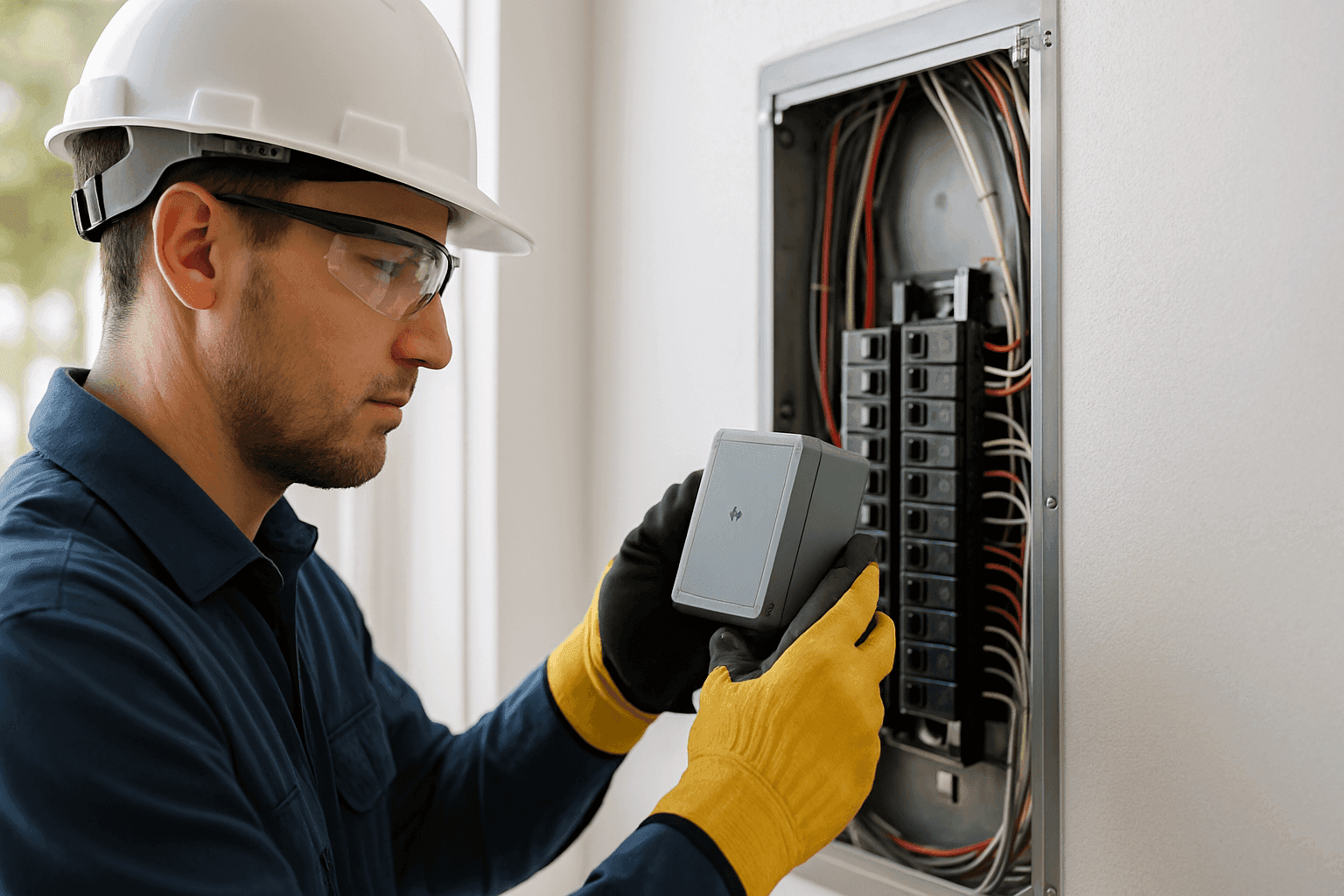 Electrician installing surge protector in residential breaker panel